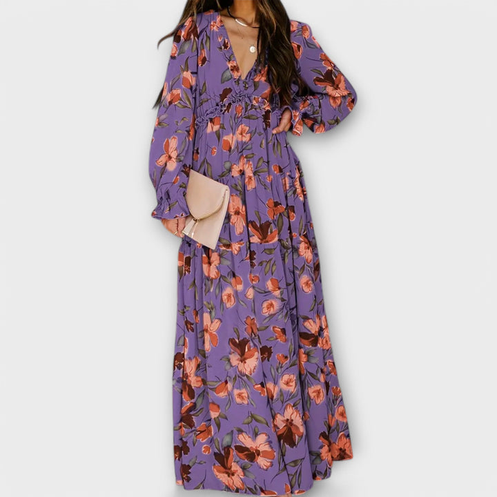 Duttini | Sculpted Floral V-Neck Maxi Dress in a Flattering Cut