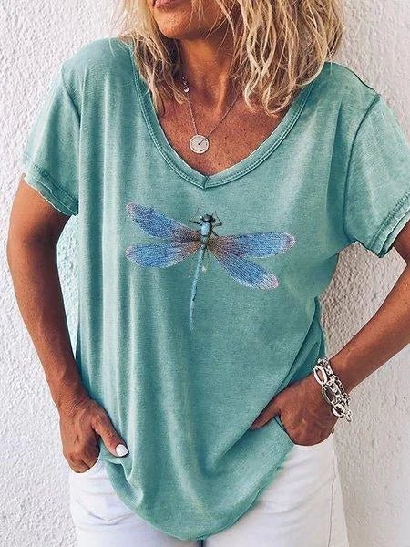 Duttini | Premium Dragonfly Print V-Neck Short Sleeve Casual Tee