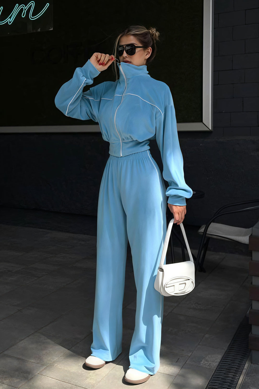 Duttini | Velvet Collar Zipper Long Sleeve Two Piece Set