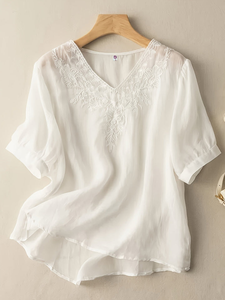 Duttini | Elegant Embroidered V-Neck Relaxed Fit Tunic Blouse
