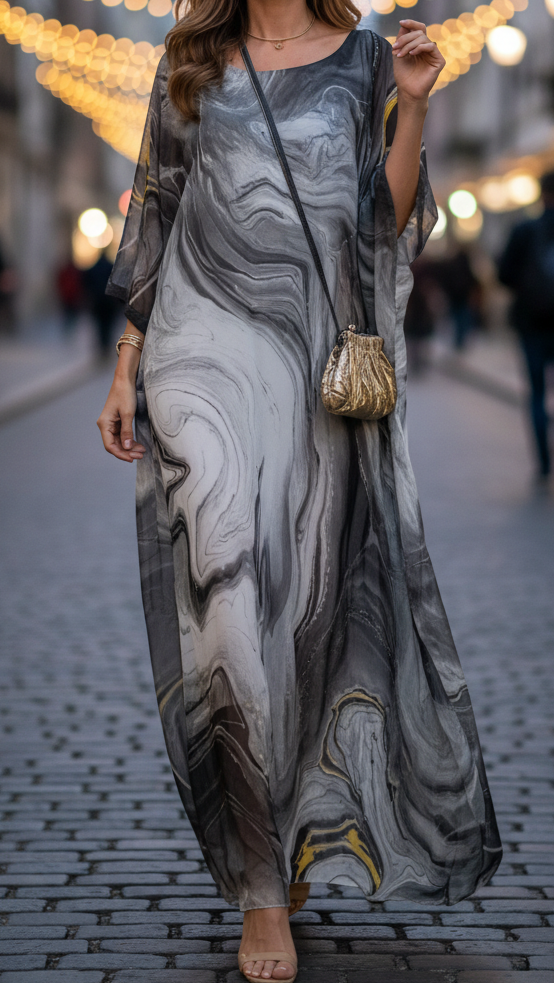 Duttini | Flowing Chiffon Kaftan Maxi Dress Batwing Sleeve Formal