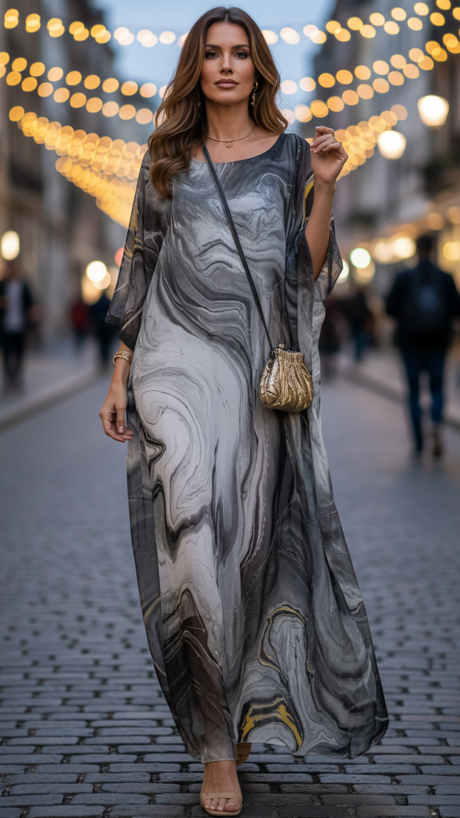 Duttini | Flowing Chiffon Kaftan Maxi Dress Batwing Sleeve Formal