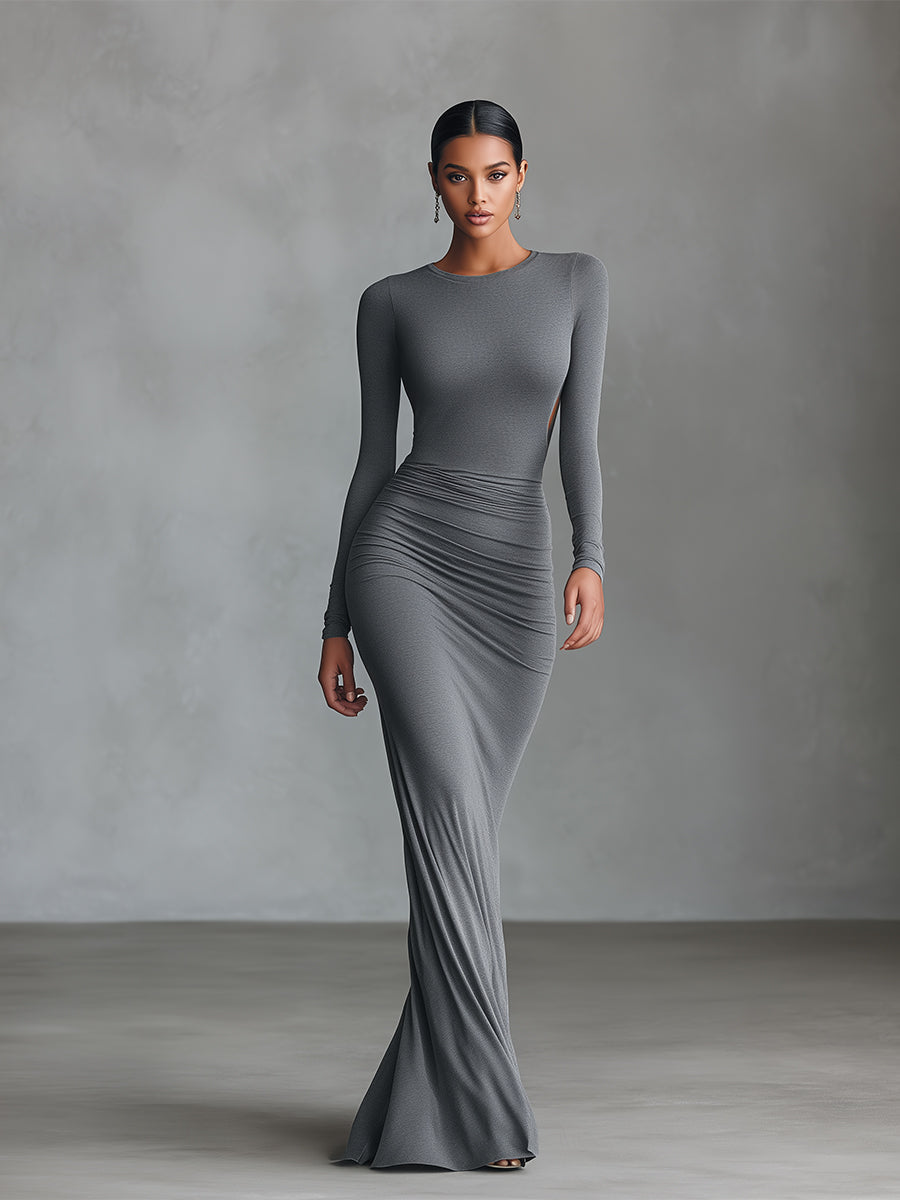 Duttini | Grey Knit Ruched Evening Dress