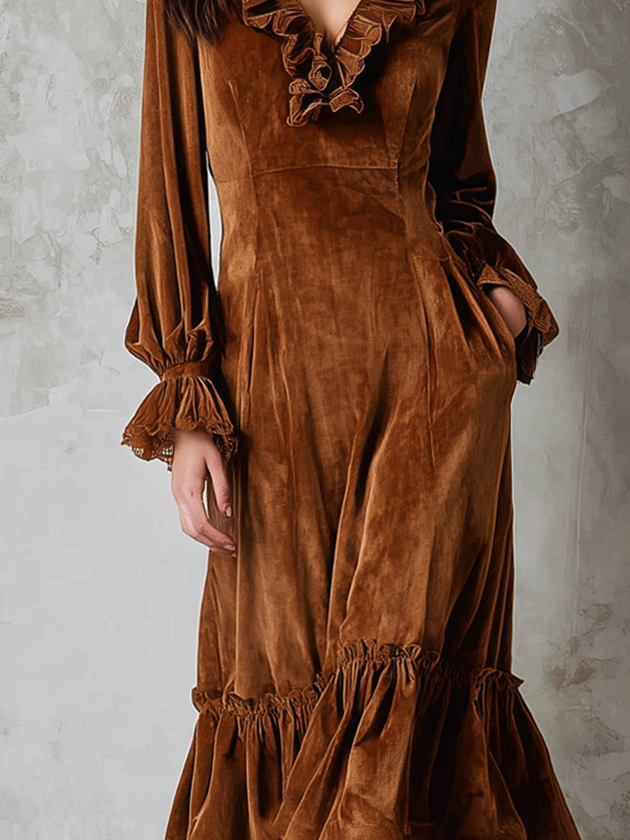 Duttini | Retro Ruffle Neck Lace Trim Dress