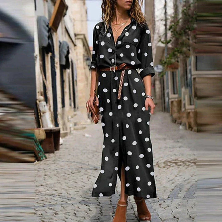 Duttini | Timeless Polka Dot Maxi Dress Long Sleeve Button-Down Shirt Dress