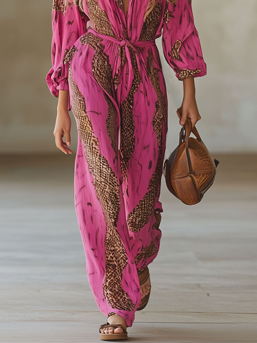 Duttini | Elegant Leopard Print Long Sleeve Jumpsuit for Every Occasion