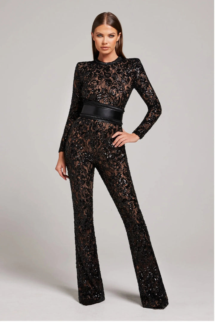 Duttini | Sheer Long-Sleeve Jumpsuit with Sequin Floral Pattern and Belted Waist