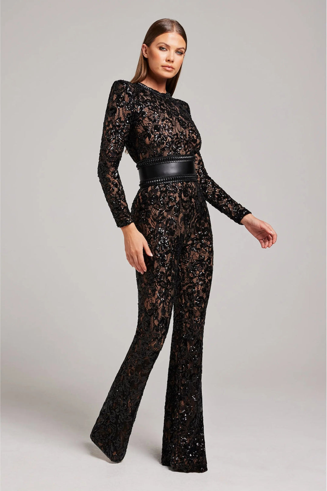 Duttini | Sheer Long-Sleeve Jumpsuit with Sequin Floral Pattern and Belted Waist