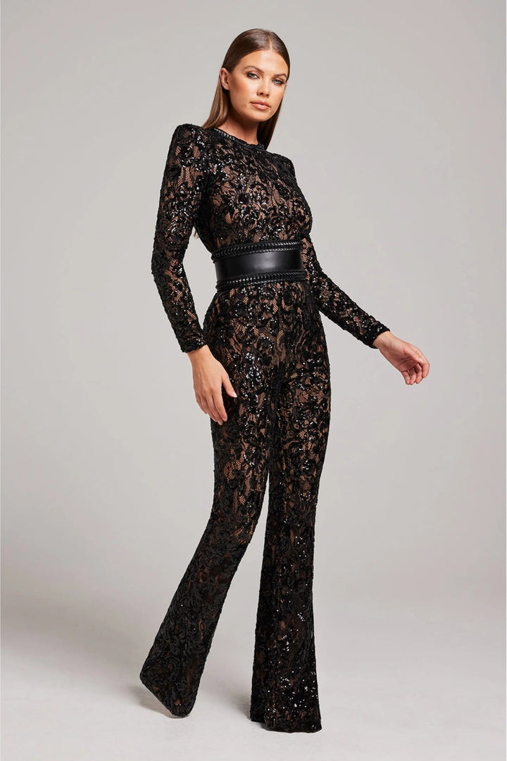 Duttini | Sheer Long-Sleeve Jumpsuit with Sequin Floral Pattern and Belted Waist
