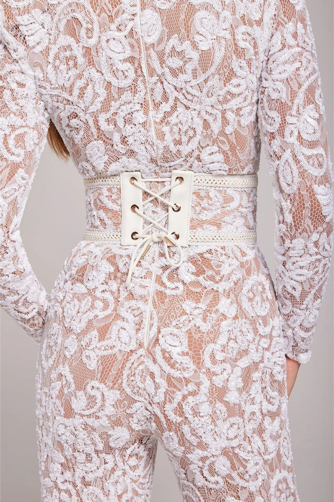 Duttini | Sheer Long-Sleeve Jumpsuit with Sequin Floral Pattern and Belted Waist