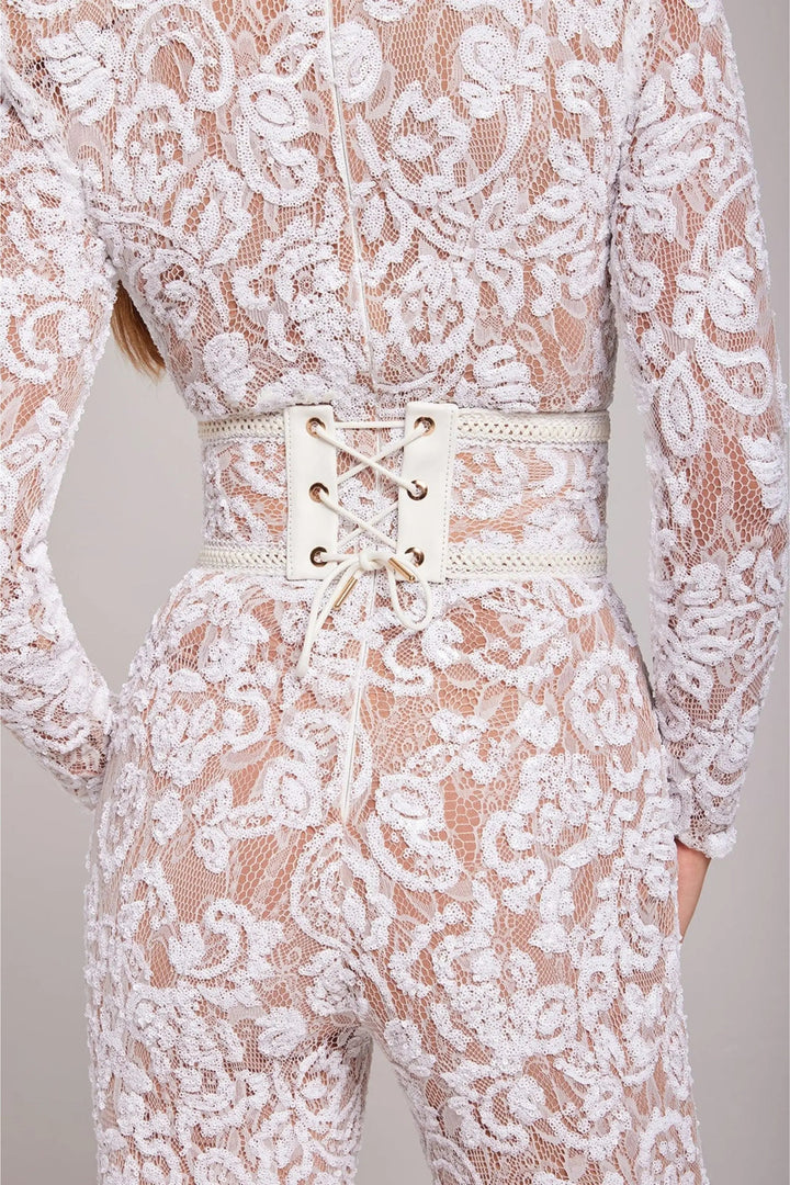 Duttini | Sheer Long-Sleeve Jumpsuit with Sequin Floral Pattern and Belted Waist