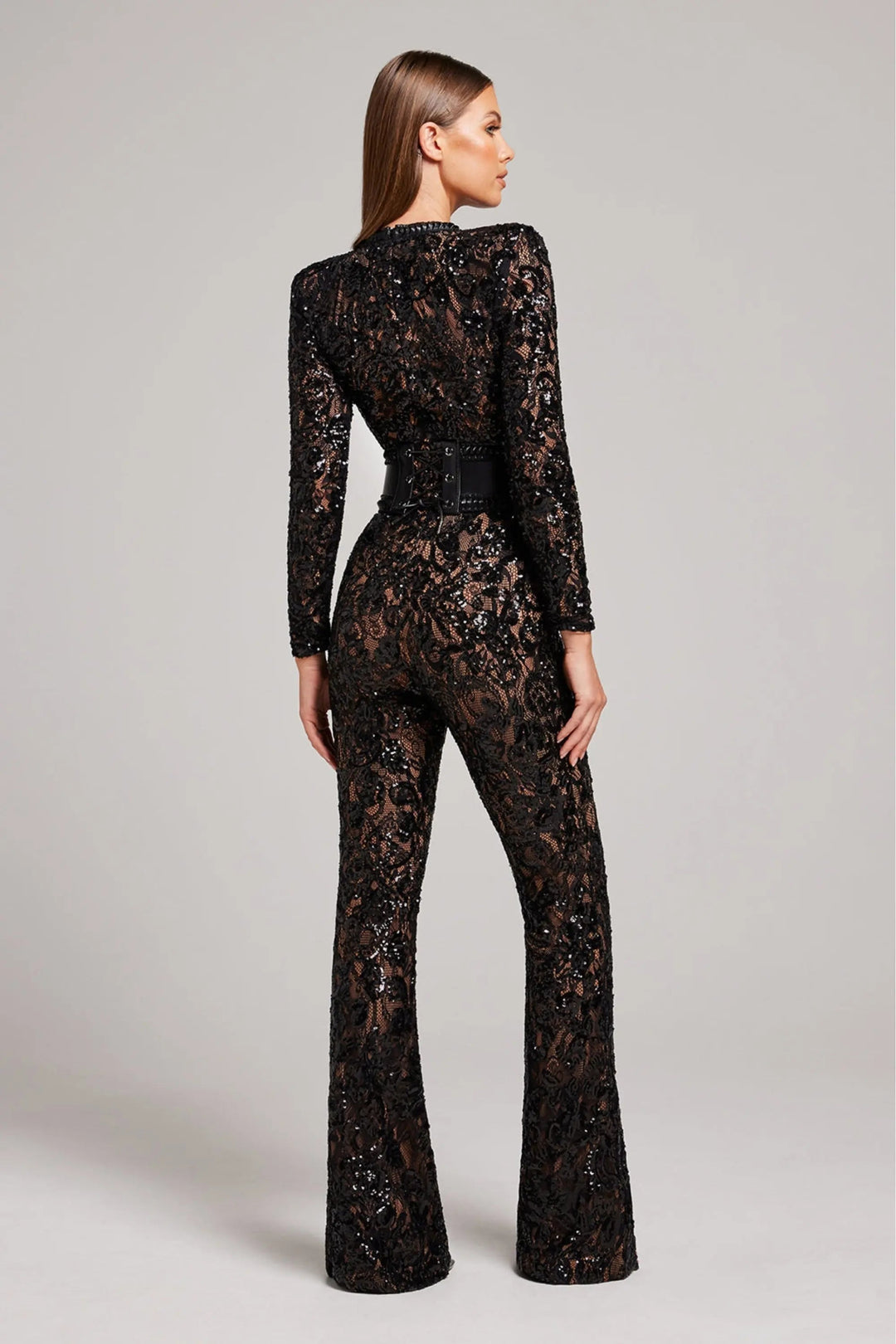 Duttini | Sheer Long-Sleeve Jumpsuit with Sequin Floral Pattern and Belted Waist