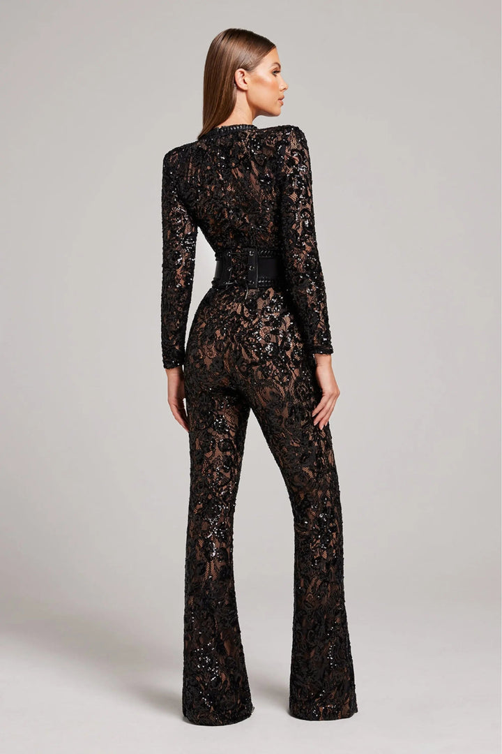 Duttini | Sheer Long-Sleeve Jumpsuit with Sequin Floral Pattern and Belted Waist