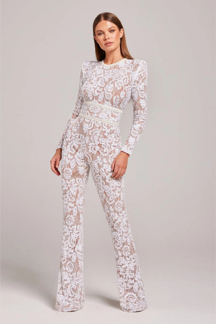 Duttini | Sheer Long-Sleeve Jumpsuit with Sequin Floral Pattern and Belted Waist