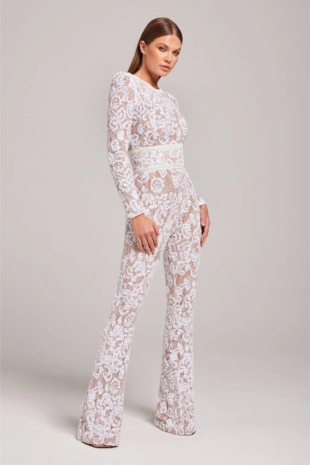 Duttini | Sheer Long-Sleeve Jumpsuit with Sequin Floral Pattern and Belted Waist