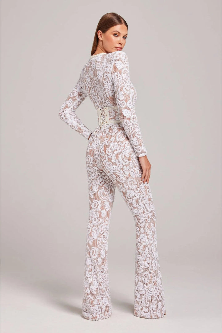 Duttini | Sheer Long-Sleeve Jumpsuit with Sequin Floral Pattern and Belted Waist