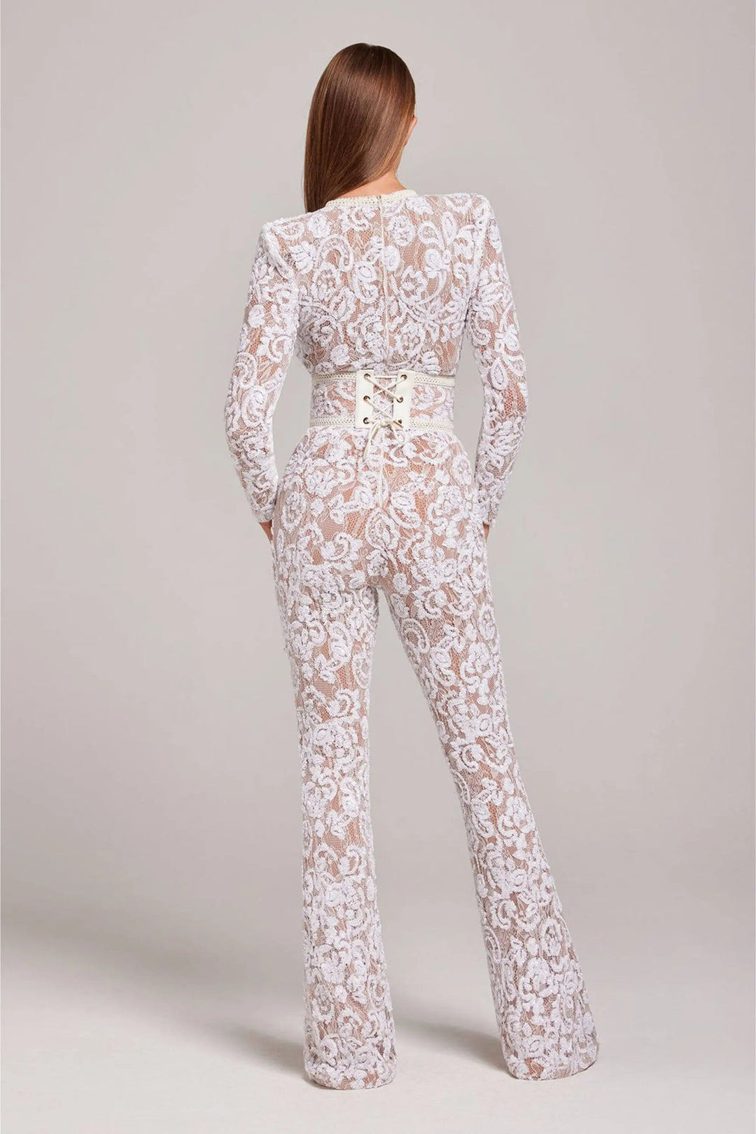 Duttini | Sheer Long-Sleeve Jumpsuit with Sequin Floral Pattern and Belted Waist