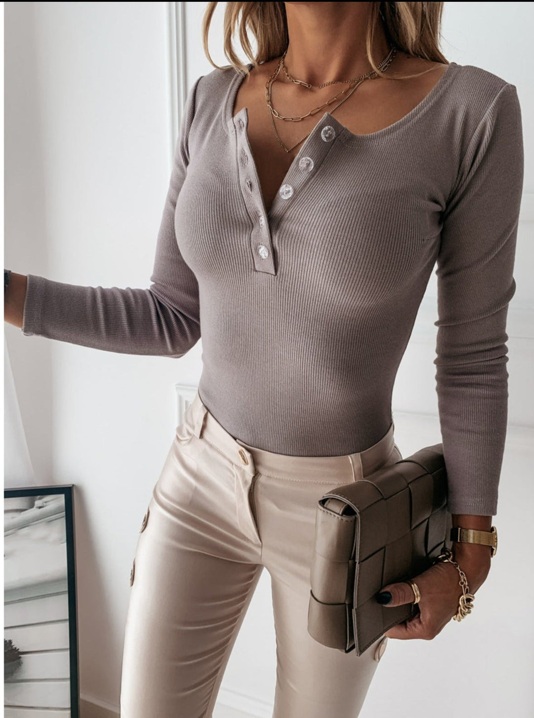 Duttini | Modern Ribbed Henley Long Sleeve Bodysuit for a Polished Look
