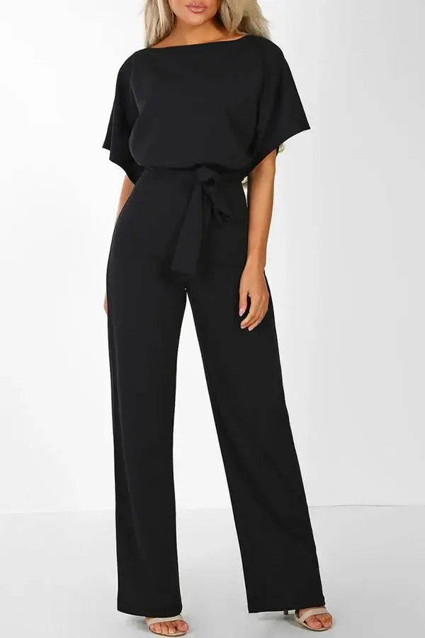Duttini | Wide-Leg Belted Short Sleeve Jumpsuit