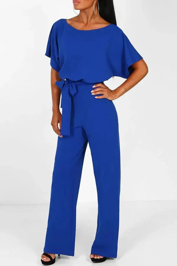 Duttini | Wide-Leg Belted Short Sleeve Jumpsuit