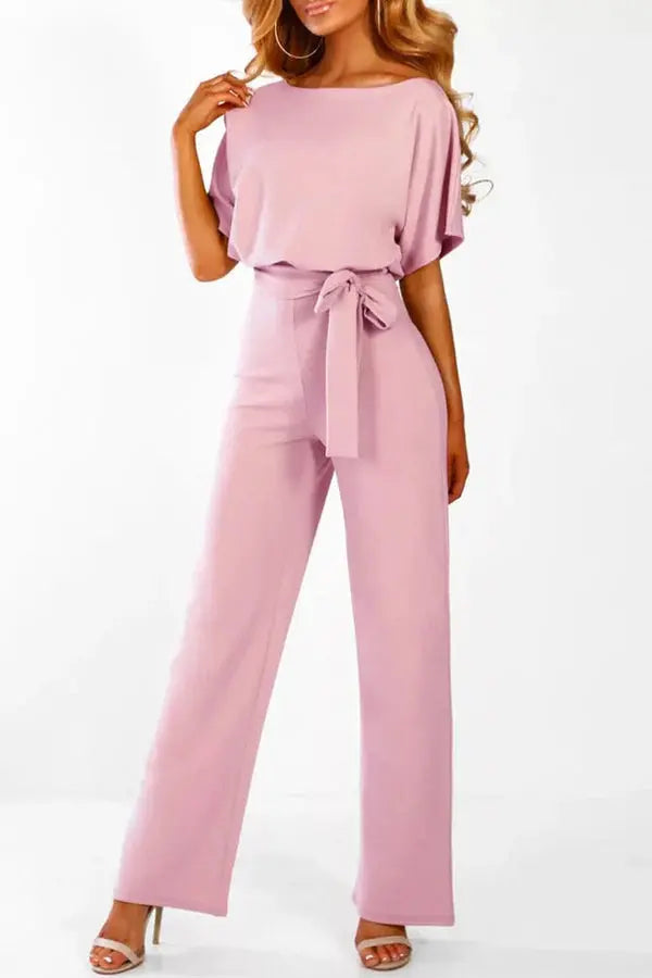 Duttini | Wide-Leg Belted Short Sleeve Jumpsuit