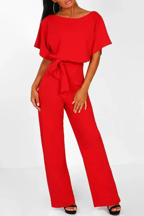 Duttini | Wide-Leg Belted Short Sleeve Jumpsuit