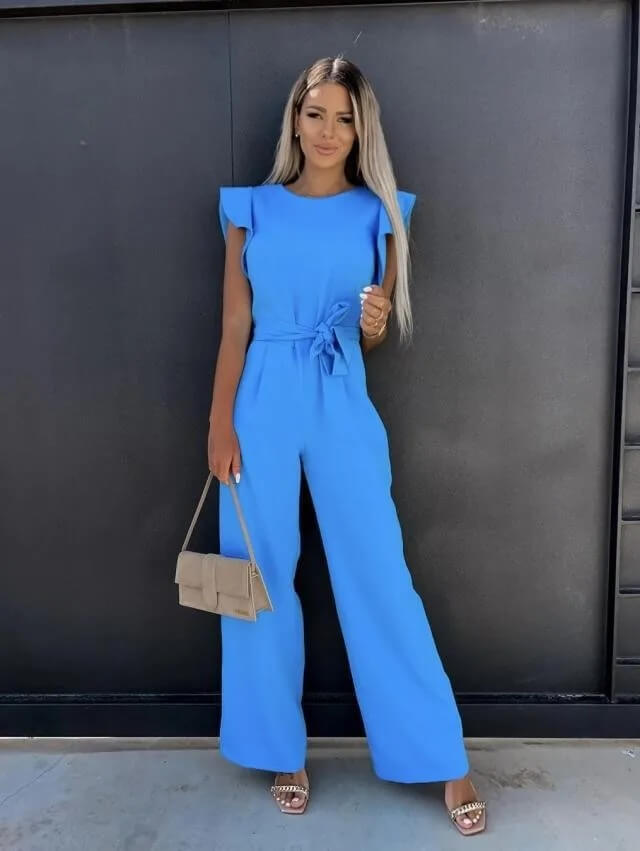Duttini | Timeless Ruffle Sleeve Wide Leg Jumpsuit Belted Elegant