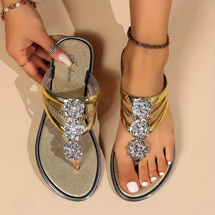 Duttini | Supportive Rhinestone T-Strap Flat Sandals with a Comfort Fit