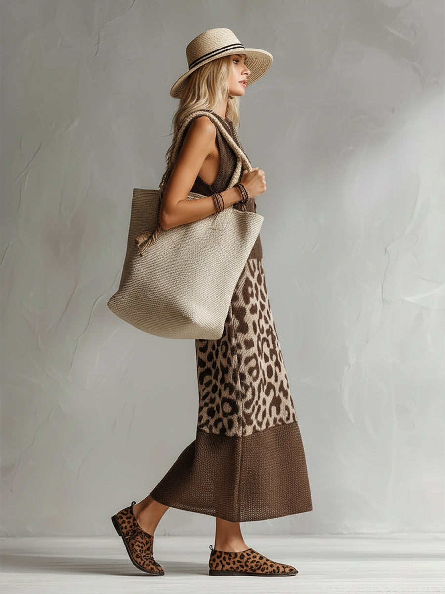 Duttini | Brown Knit Leopard Print Evening Dress