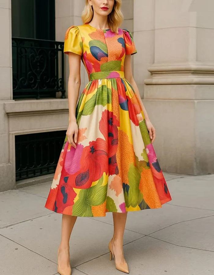 Duttini | Red Satin A-Line Pleated Puff Dress