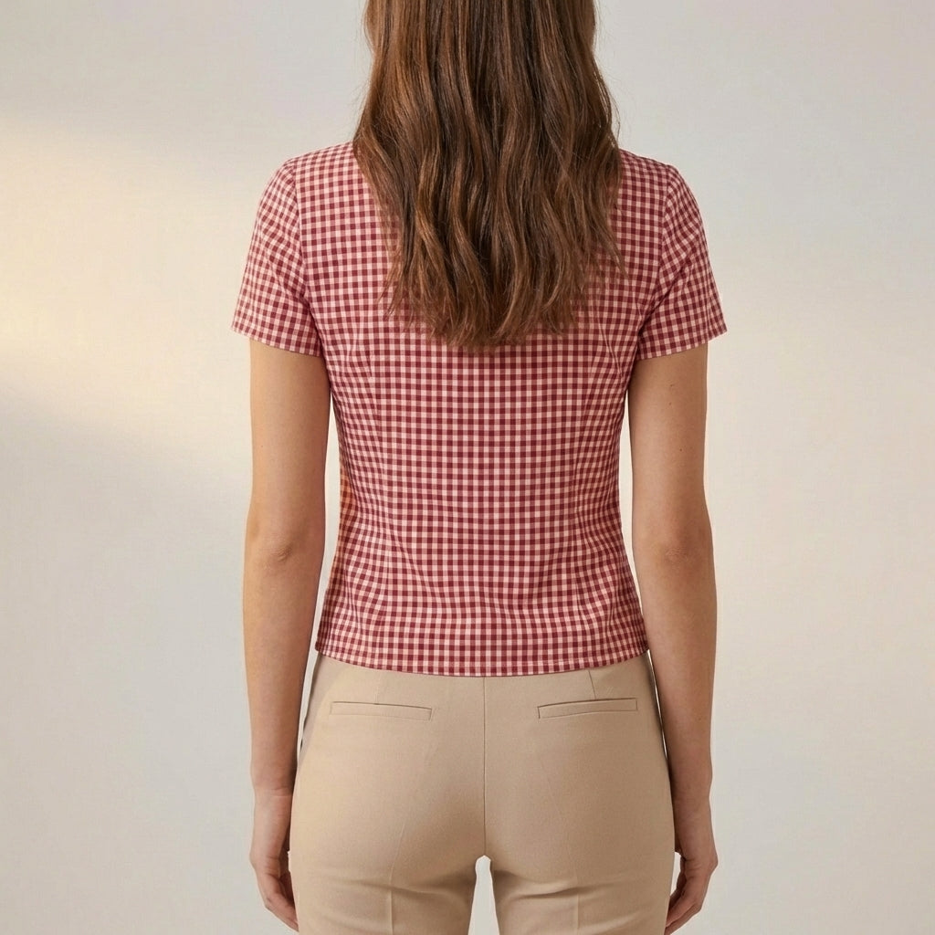 Duttini | Feminine Fitted Cropped V-Neck Blouse With Puff Sleeves And Gingham Pattern