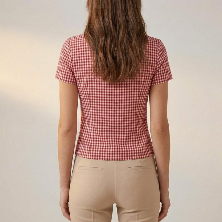 Duttini | Feminine Fitted Cropped V-Neck Blouse With Puff Sleeves And Gingham Pattern