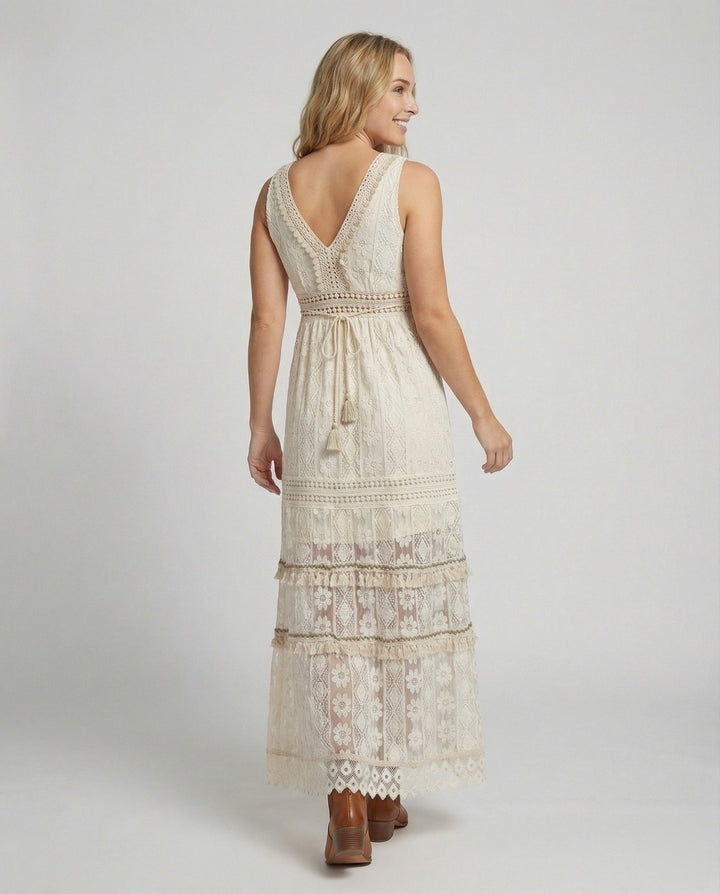 Duttini | Luxe Bohemian Lace Maxi Dress With Tiered Skirt And Tassel Waist