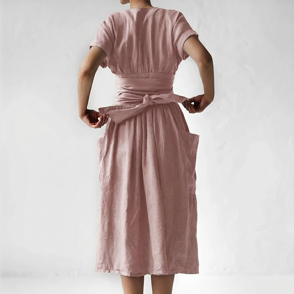 Duttini | Modern Relaxed Fit Linen Blend Wrap Midi Dress With Pockets