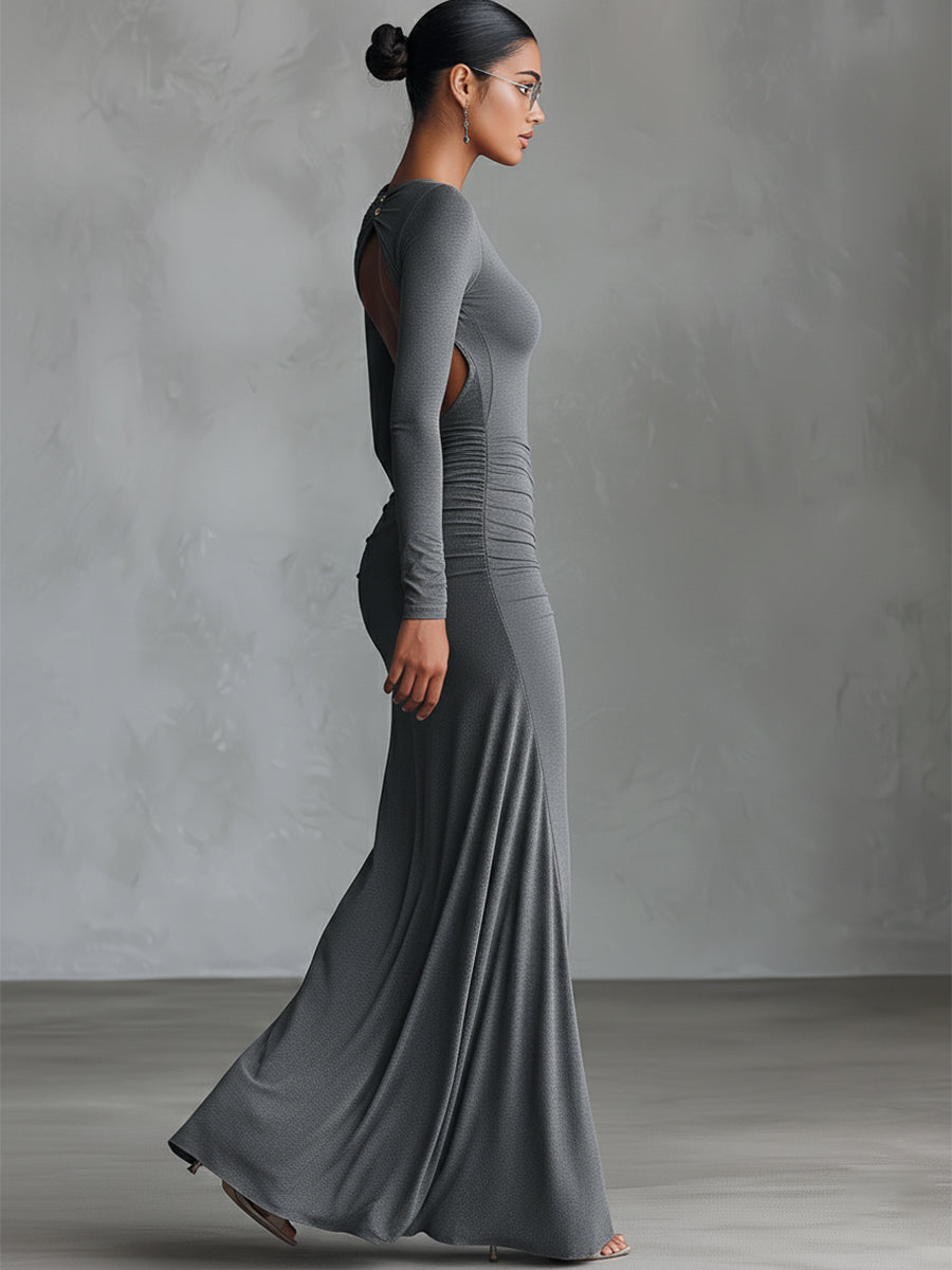Duttini | Grey Knit Ruched Evening Dress