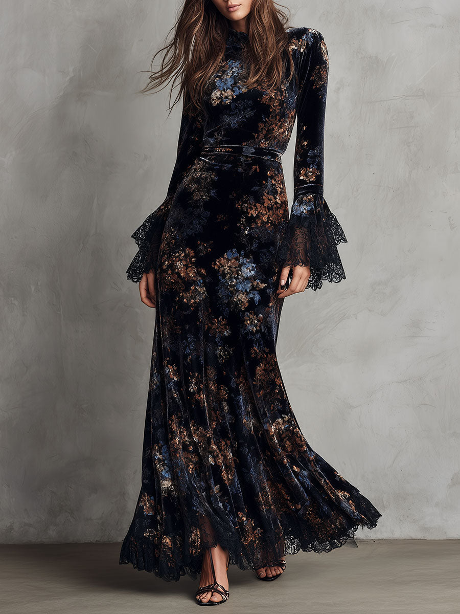 Duttini | Velvet Floral Midnight Evening Dress