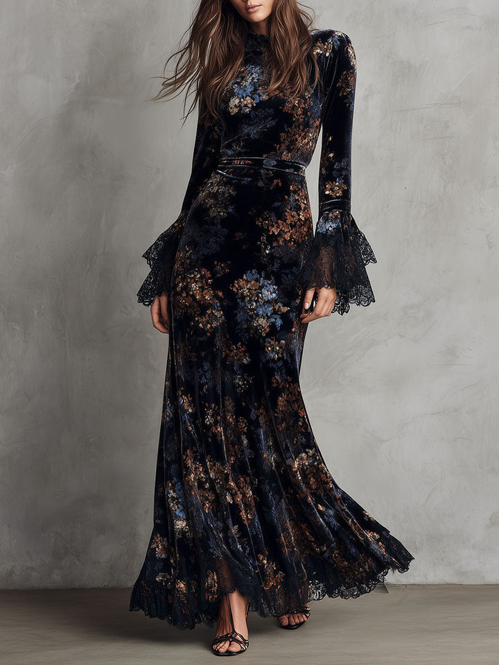 Duttini | Velvet Floral Midnight Evening Dress