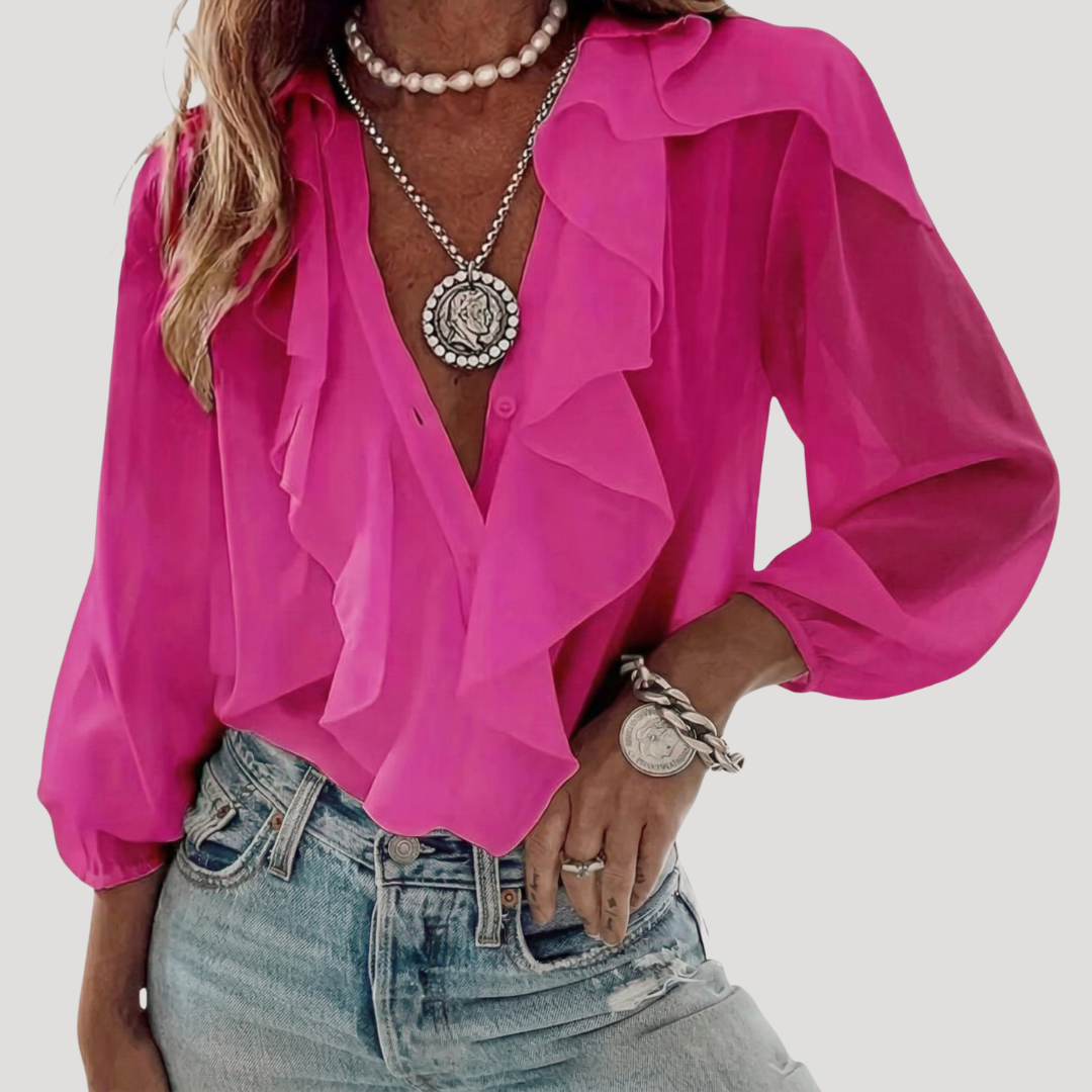 Duttini | Flowing Ruffle Front V-Neck Long Sleeve Blouse