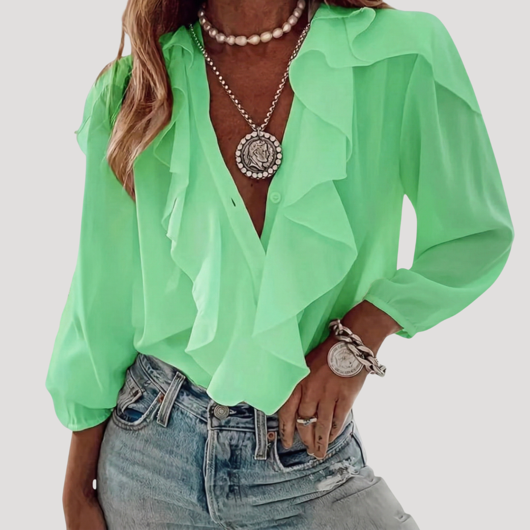 Duttini | Flowing Ruffle Front V-Neck Long Sleeve Blouse