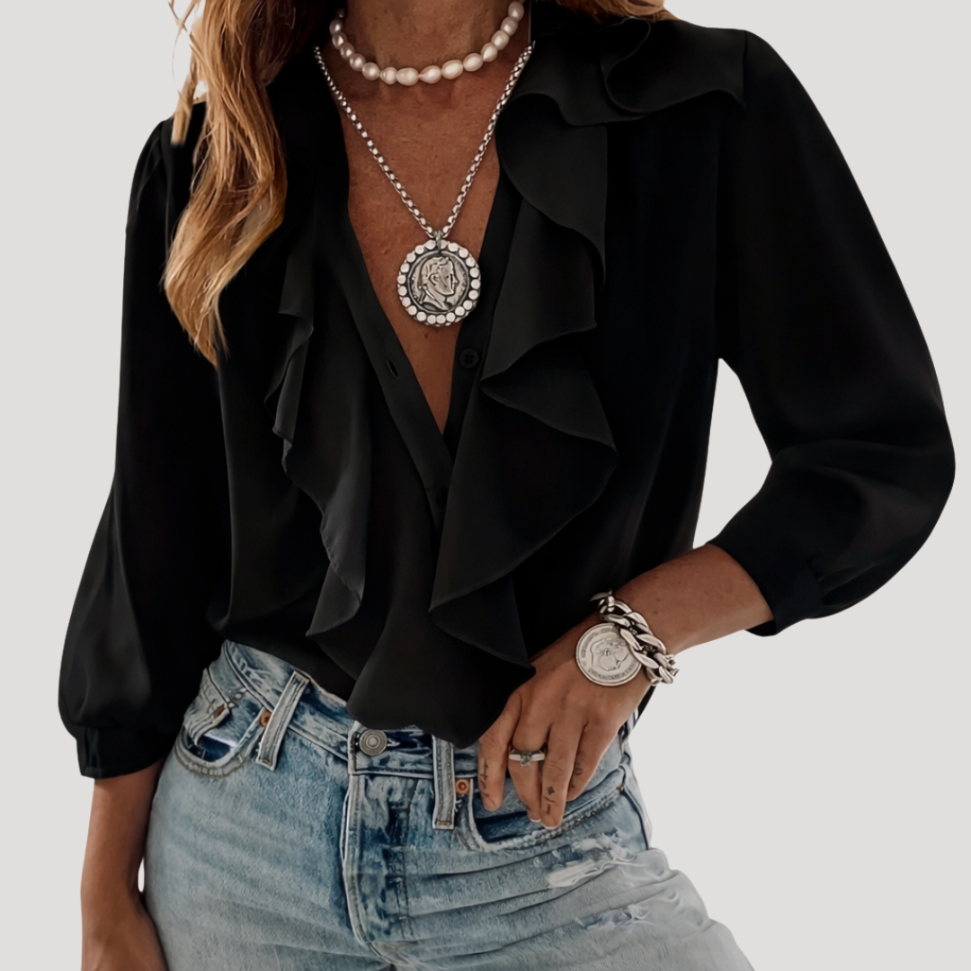 Duttini | Flowing Ruffle Front V-Neck Long Sleeve Blouse
