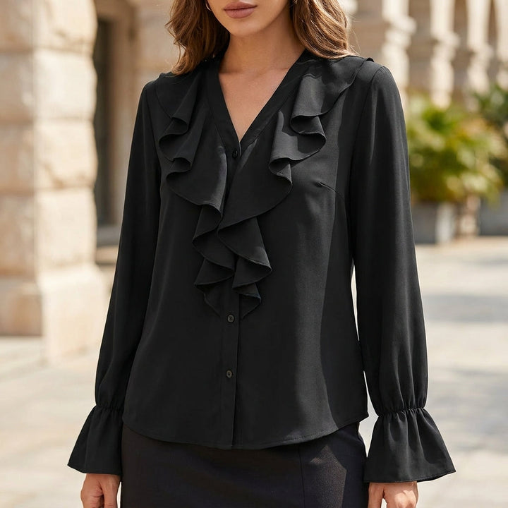Duttini | Elegant Ruffled Button-Down Blouse With Jabot Collar And Flared Cuffs