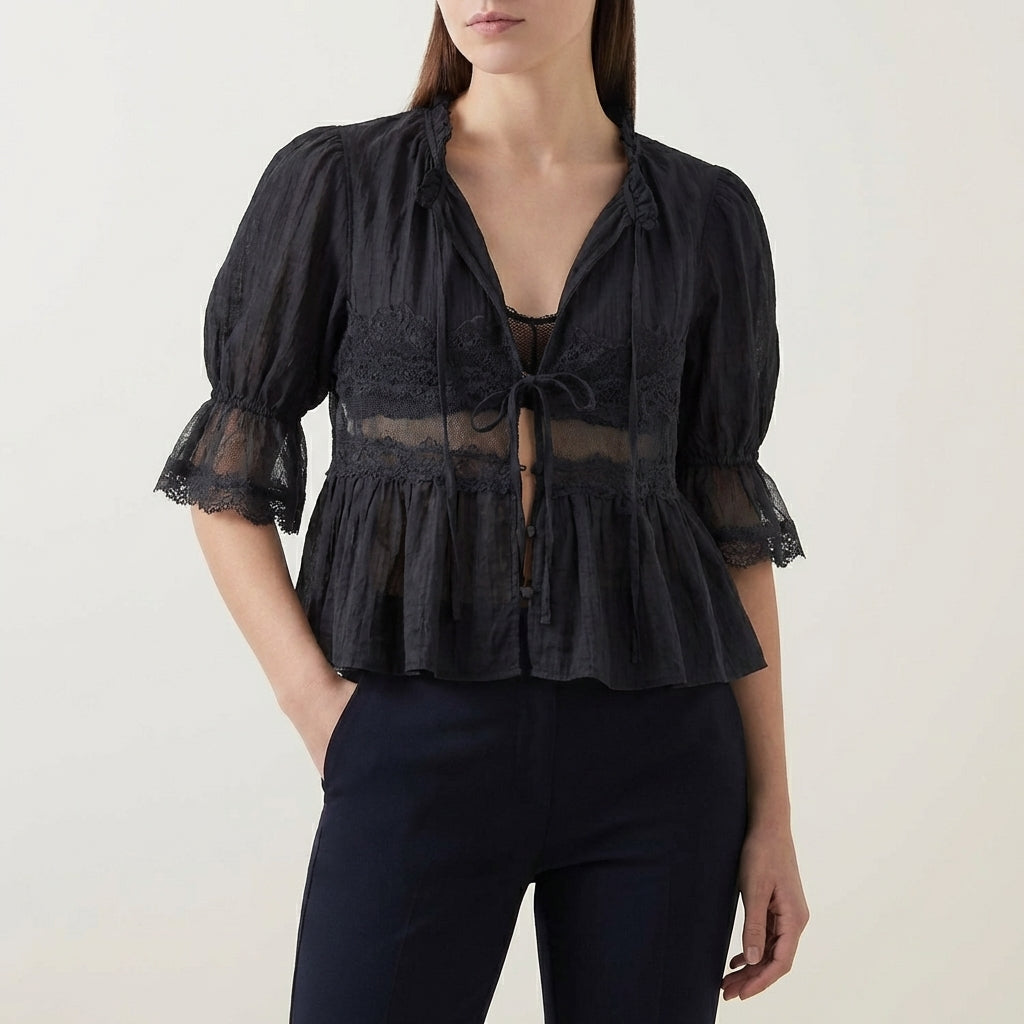 Duttini | Flowing Bohemian Babydoll Blouse With Lace Insets And Ruffle Trim
