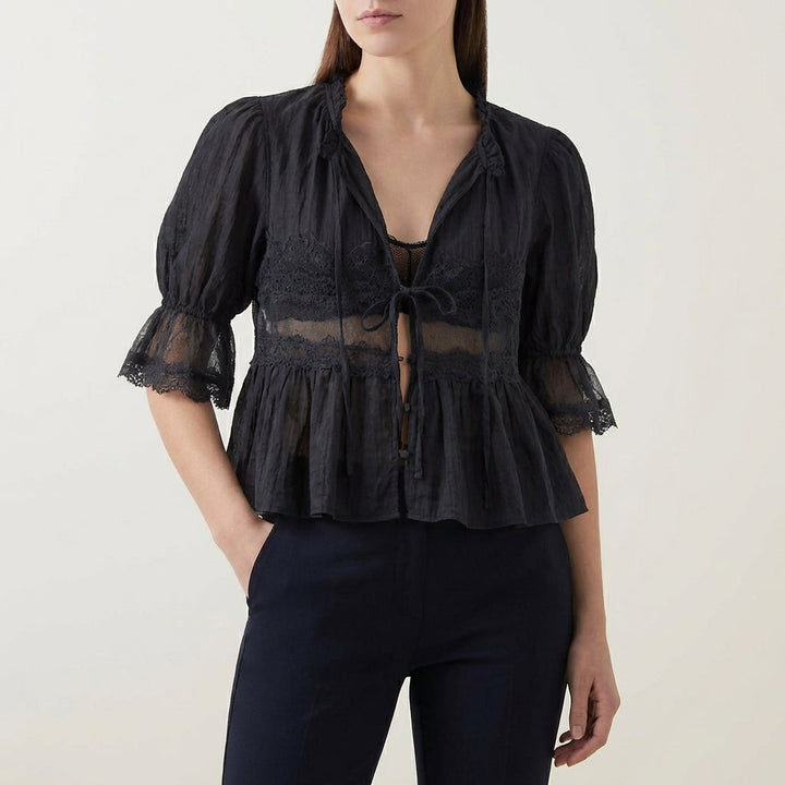 Duttini | Flowing Bohemian Babydoll Blouse With Lace Insets And Ruffle Trim