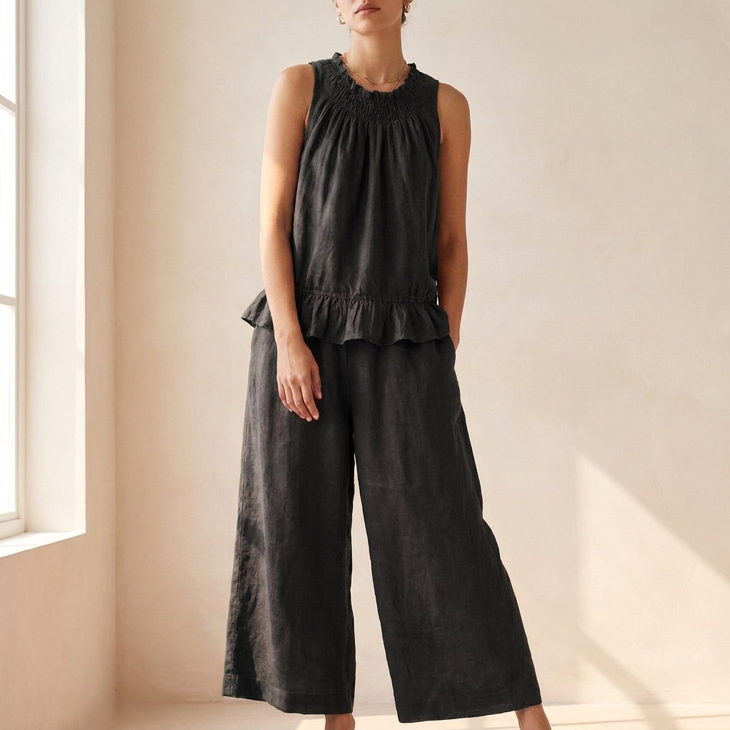 Duttini | Graceful Bohemian-Inspired Relaxed Two-Piece Set With Ruffled Neckline And Wide-Leg Trousers