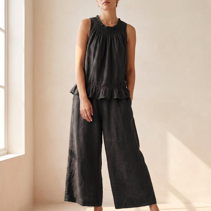 Duttini | Graceful Bohemian-Inspired Relaxed Two-Piece Set With Ruffled Neckline And Wide-Leg Trousers