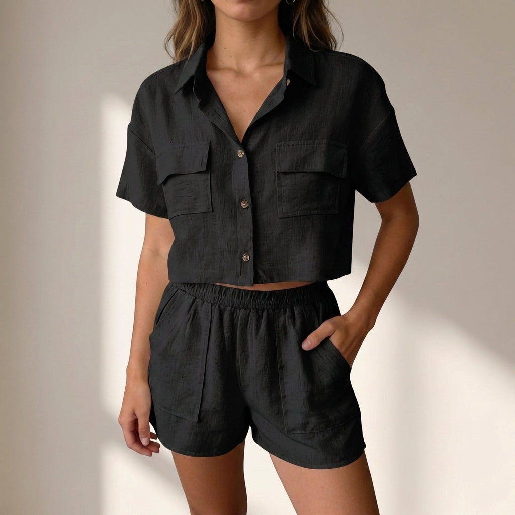 Duttini | Effortless Relaxed Collared Two-Piece Shorts Set In Lightweight Textured Woven Fabric