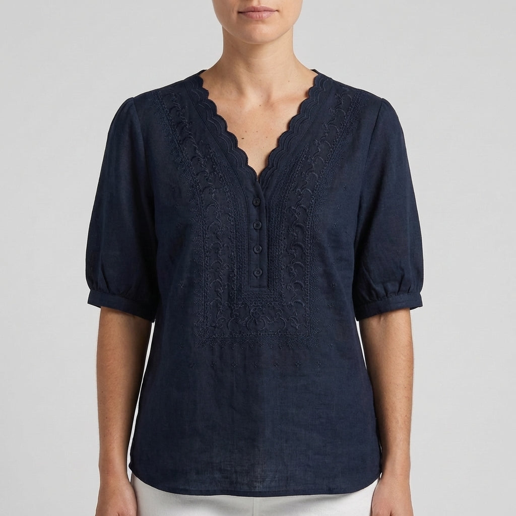 Duttini | Timeless Chloe Relaxed V-Neck Blouse With Embroidered Yoke And Scalloped Detail