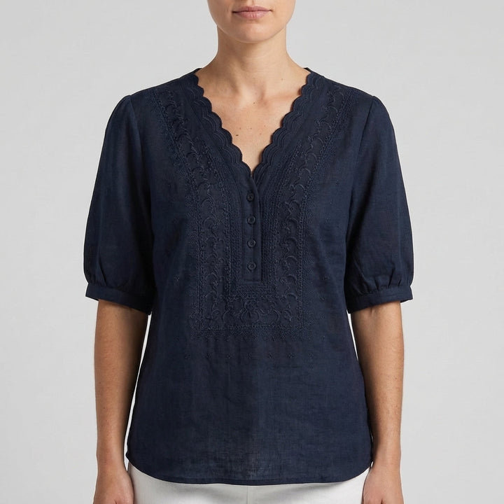 Duttini | Timeless Chloe Relaxed V-Neck Blouse With Embroidered Yoke And Scalloped Detail