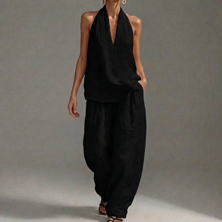 Duttini | Lightweight Two-Piece Halter V-Neck Suit With Wide-Leg Trousers
