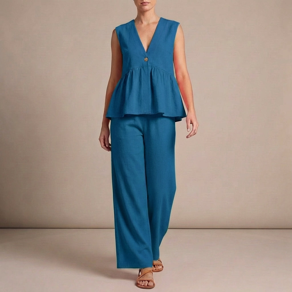 Duttini | Lightweight Textured Two-Piece Set With Peplum Top And Wide-Leg Pants